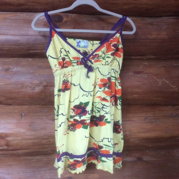 Lagaci Sport Yellow Floral Retro Smocked Back Babydoll Longline Tank Top Size XL - Picture 1 of 5